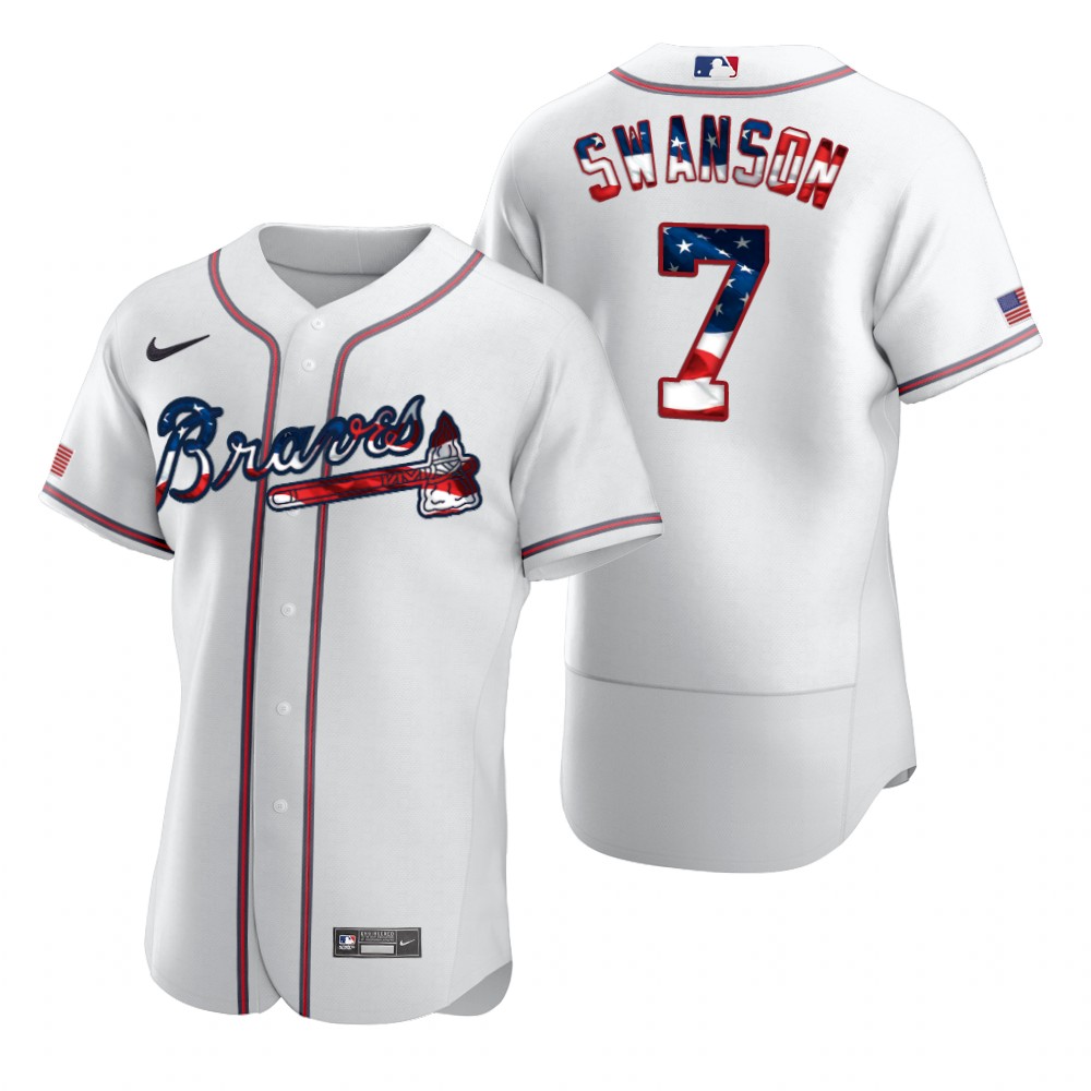 Atlanta Braves 7 Dansby Swanson Men Nike White Fluttering USA Flag Limited Edition Authentic MLB Jersey